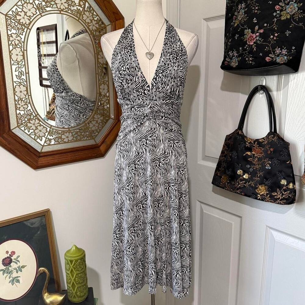 VTG Y2K Bebe Black & White Zebra Print Sequin 100% Silk Ruched Halter Dress M